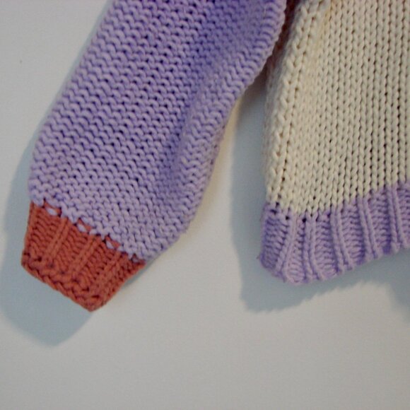 Dreamers Chunky Knit Sweater Colourblock Purple Pink Cream Mock Neck Size Small - Picture 8 of 12